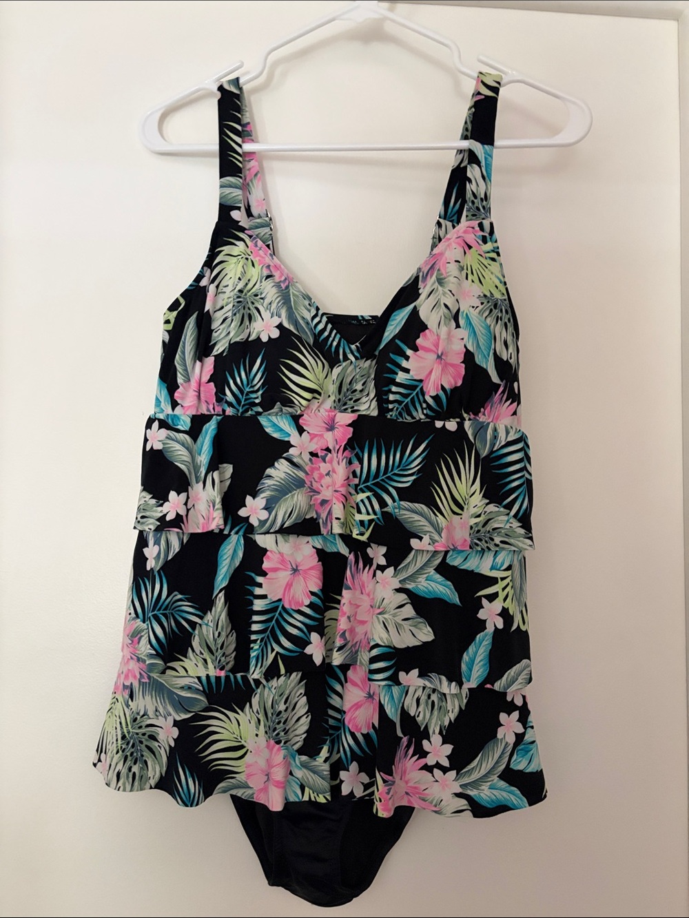 Black Floral Tiered One-Piece Swimsuit - Pink & Teal Accents